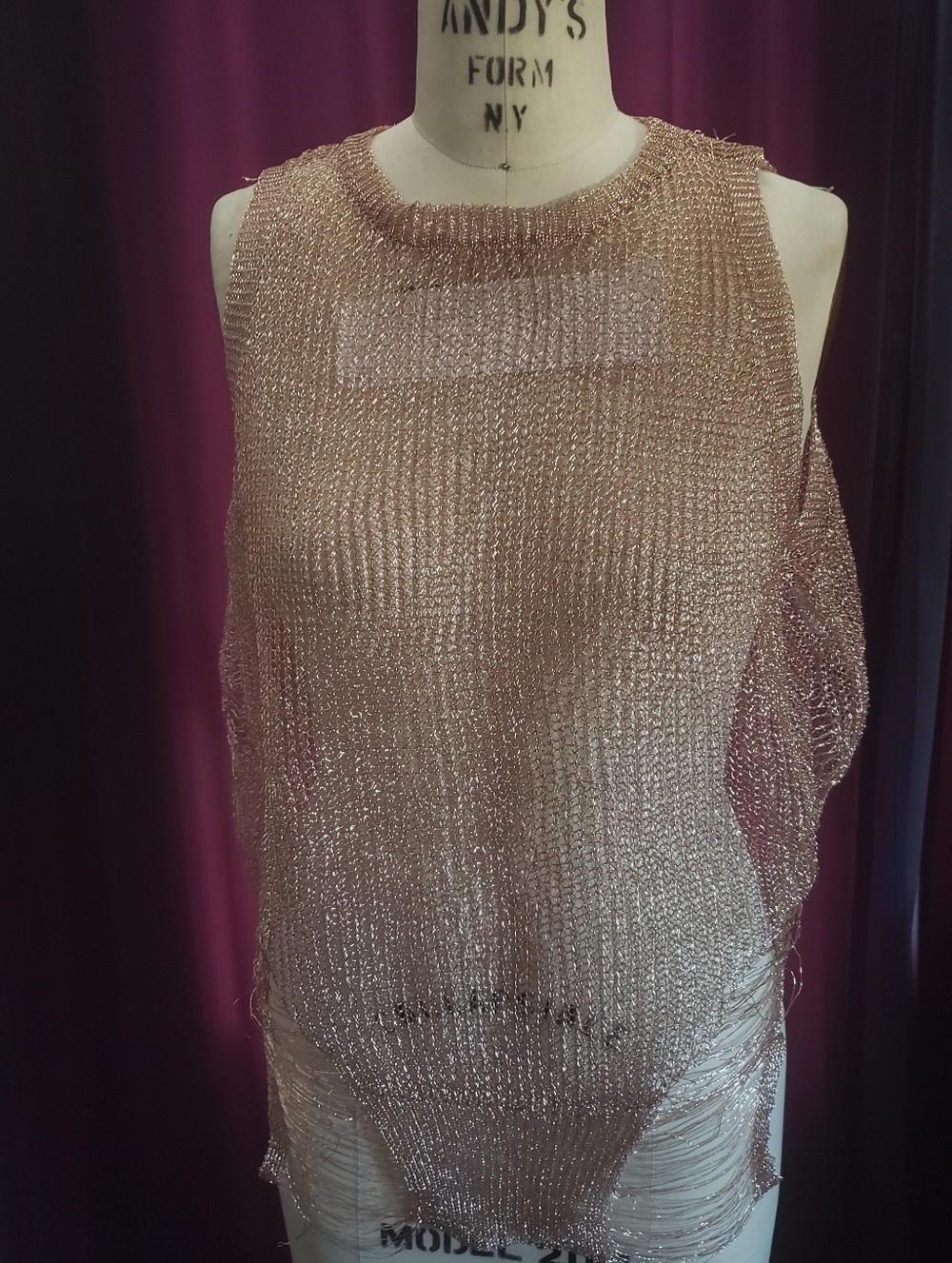Bnwot Metallic Mesh Sheer Distress Top Lightly Knit Light Copper Color